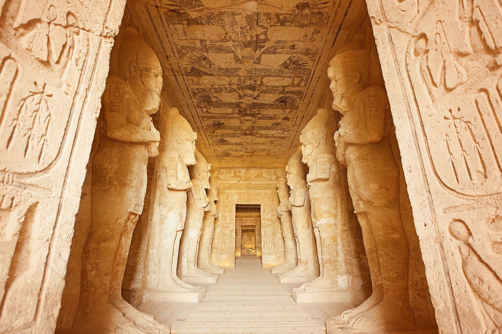 the hypostyle hall inside the Great Temple of Ramesses II at Abu Simbel in Aswan, Egypt